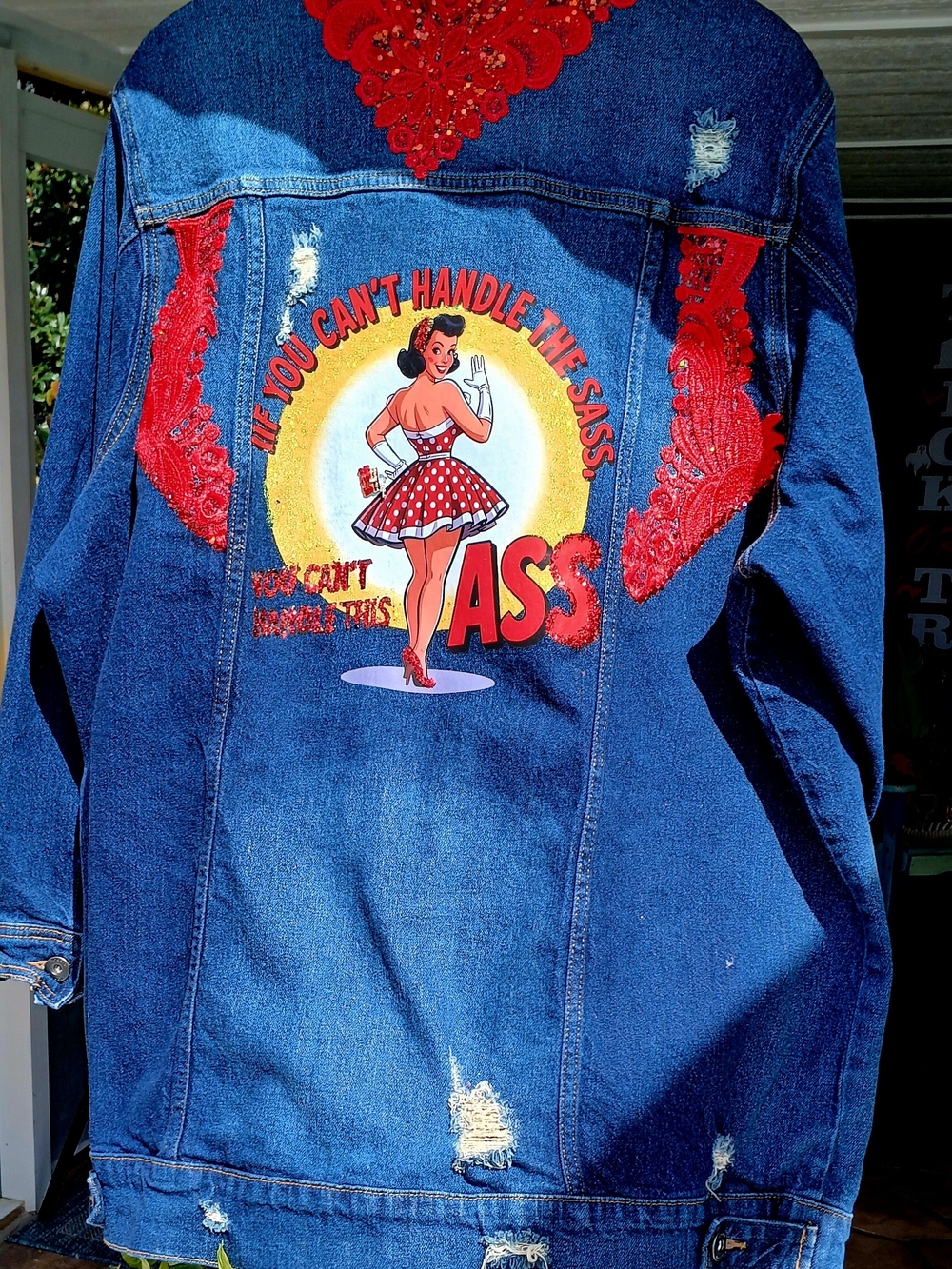 Women’s Blue Denim Jacket with Red Pinup Graphic